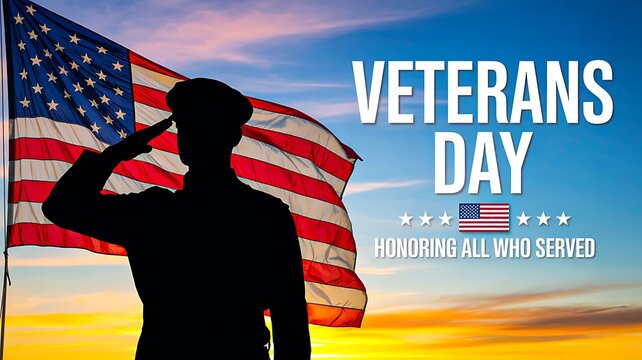 Veterans day tribute with soldier saluting and american flag at sunset


