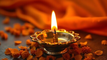 A traditional brass diya with a glowing flame surrounded by marigold petals, symbolizing cultural celebration.