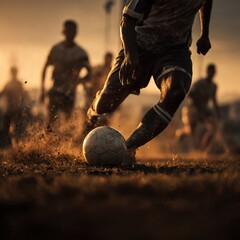Intense soccer action: Player kicking ball with golden sunset light and dust