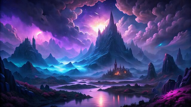 Dark Fantasy Mountain Landscape with Glowing Clouds and Lake
