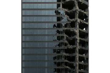 Partially demolished architectural structure revealing interior framing, transparent glass facade remaining intact