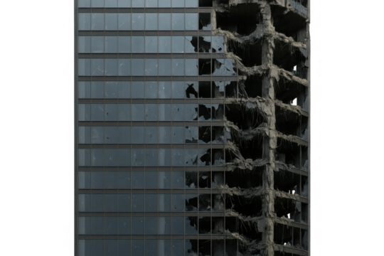 Partially demolished architectural structure revealing interior framing, transparent glass facade remaining intact
