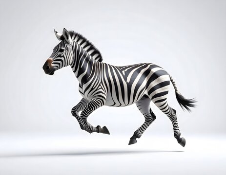 A zebra with black and white stripes is running or galloping across a white surface, casting a subtle shadow. - Powered by Adobe