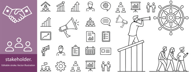Stakeholder outline icons. Linear icon collection. Editable stroke. Vector illustration