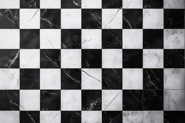 Checkered black and white marble floor tiles creating a vintage, elegant and decorative pattern