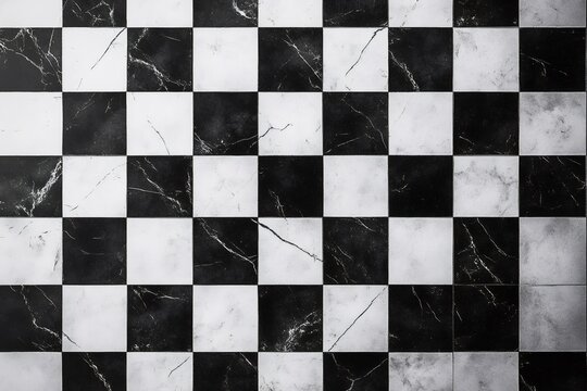 Checkered black and white marble floor tiles creating a vintage, elegant and decorative pattern