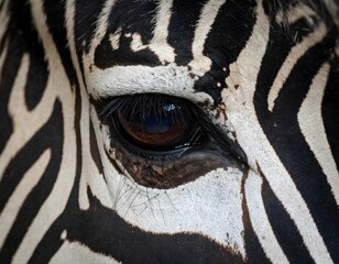 Close-up shot of a zebra's eye, showcasing its brown iris and the surrounding black and white striped pattern of its fur.
