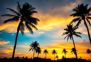 Obraz premium Silhouetted palm trees against a vibrant sunset sky, contrast, heat