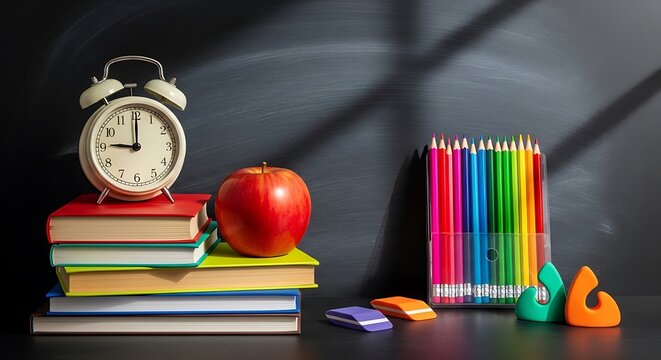 Back to school still life featuring an alarm clock on books, an apple, colored pencils, and erasers against a chalkboard.