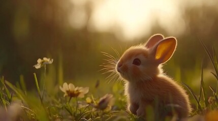Fototapeta premium Adorable baby bunny in a sunlit meadow