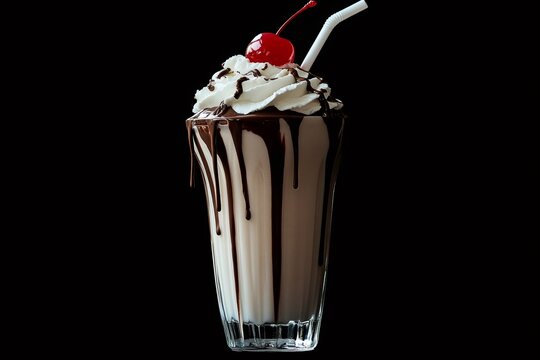 Gourmet chocolate milkshake dripping with chocolate syrup, topped with whipped cream and a cherry, isolated on a black background