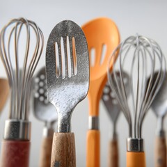Assorted kitchen utensils cooking tools whisks spatula and spoons set