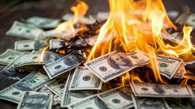Pile of paper money engulfed in bright orange flames, burning currency destruction, financial loss concept