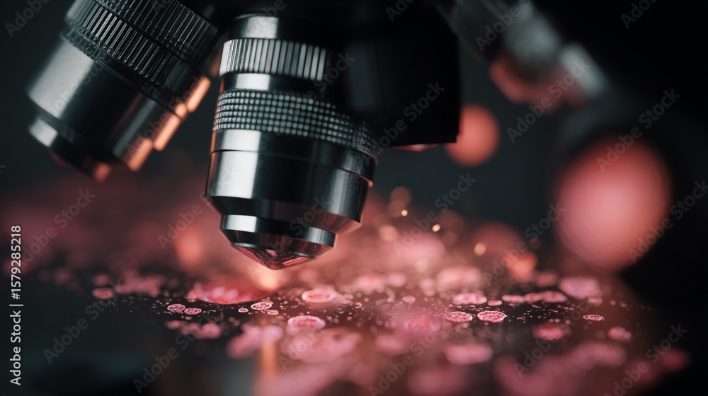 Poster close up of a microscope examining cells with red and orange bokeh in a dark environment