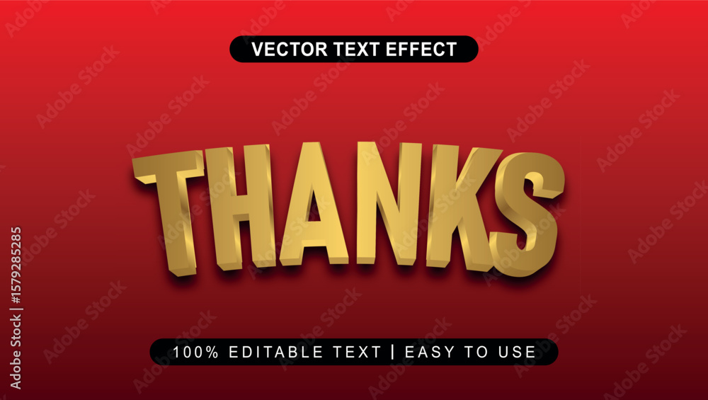 Poster golden thanks text effect on red background with bold 3d lettering for appreciation message