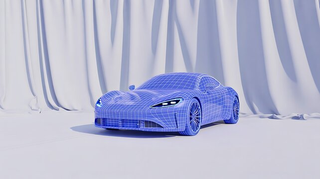 3d wireframe sports car model on soft curtain background

