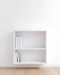 Minimalistic shelving unit with books against a white wall backdrop