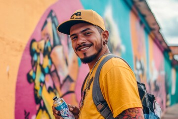 Portrait of a young smiling street artist holding a spray paint can in front of a colorful graffiti wall