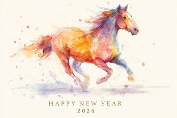 Vibrant watercolor illustration of a horse running for New Year  