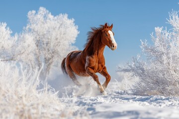 Obraz premium Chestnut horse running through snowy landscape in winter with frost 