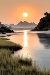 Obraz premium Serene River Valley at Sunrise with Gentle Mist and Golden Light
