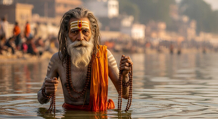 Indian Sadhu Taking Spiritual Dip in Ganga River at Sunrise – Haridwar Ghats, Holy Bath Ritual During Pilgrimage