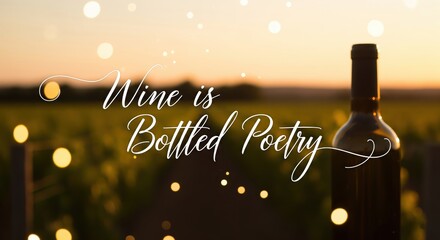 
A dreamy vineyard sunset with a wine bottle in the foreground and the poetic text "Wine is Bottled Poetry."