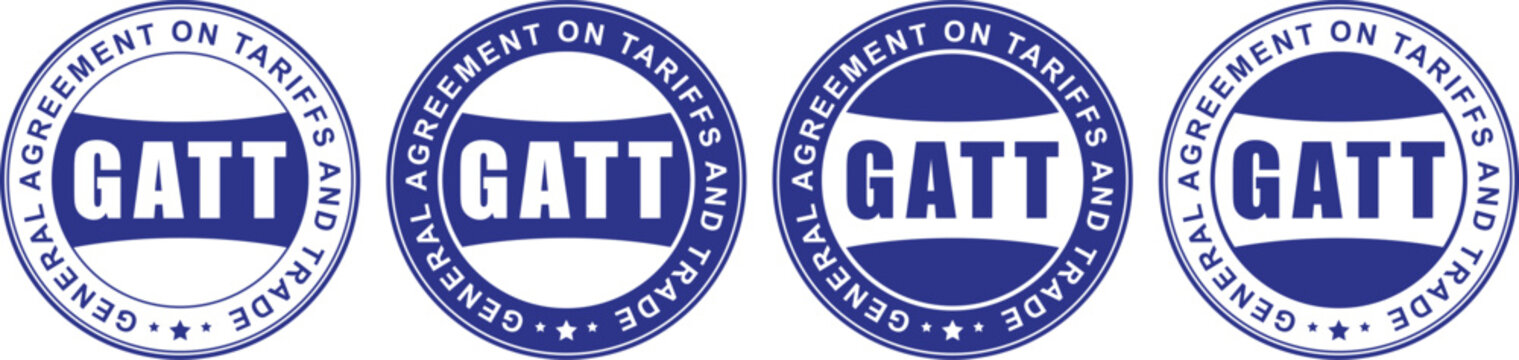 blue gatt circular badges with general agreement on tariffs and trade text in stamp layout style	