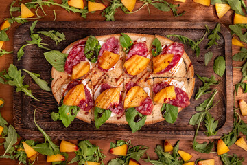 Flatbread with Salami, Ricotta, Peaches and Basil