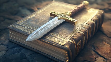 Fantasy book with sword antique tome and dagger medieval story adventure novel hardcover vintage weapon lore silhouette