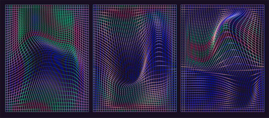 Vibrant vector illustration in a cyberpunk, retro-futuristic style, featuring colorful wavy grids in pink, green, and purple hues on a dark background with dynamic, distorted shapes.