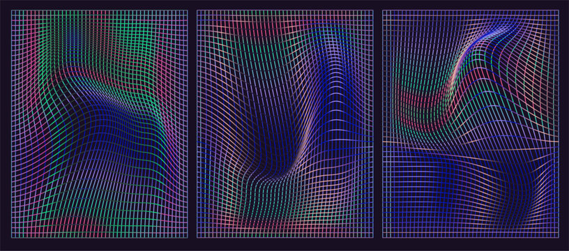 Vibrant vector illustration in a cyberpunk, retro-futuristic style, featuring colorful wavy grids in pink, green, and purple hues on a dark background with dynamic, distorted shapes.