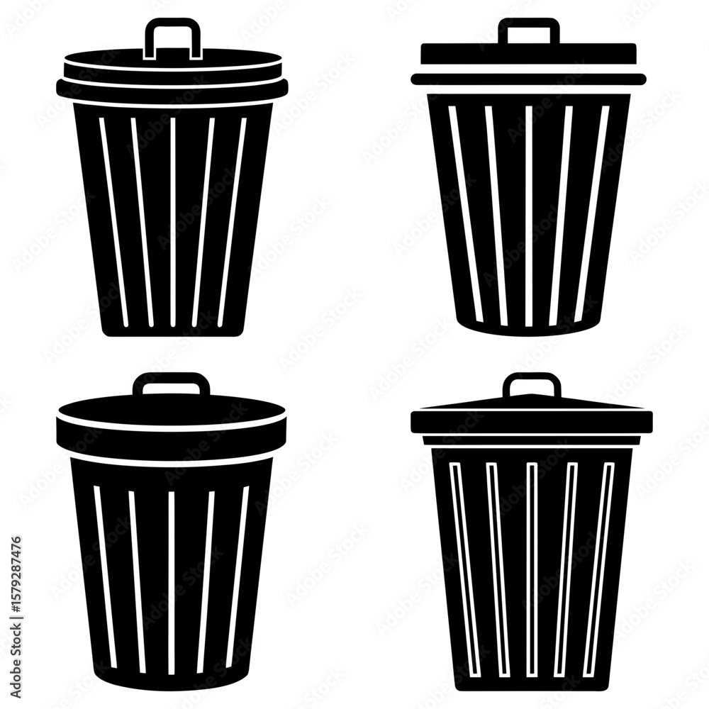 Poster four black trash cans with lids in a grid pattern on a white background in a simple vector illustrat
