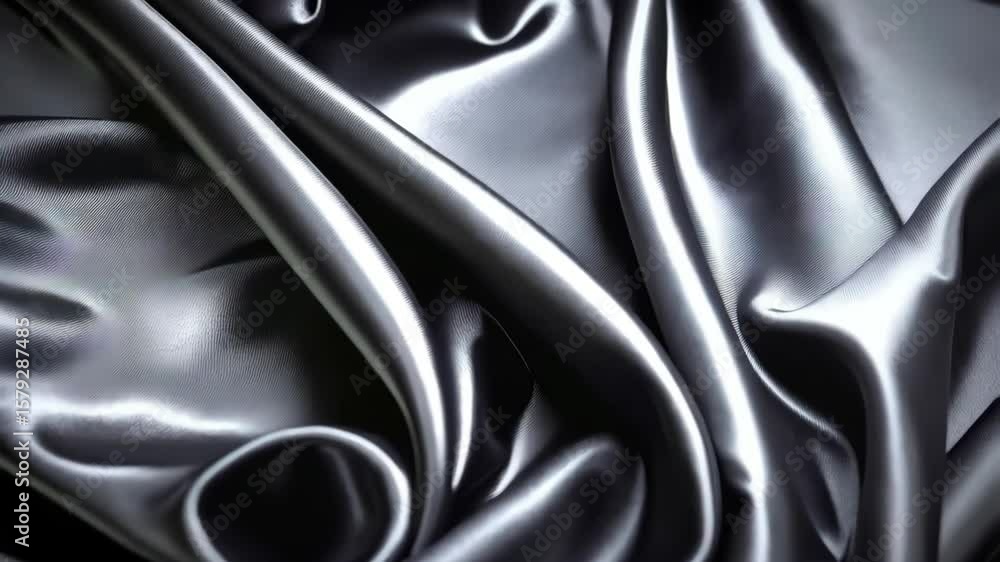 Poster close-up abstract of flowing gray satin fabric with soft folds and shiny surface, creating a smooth,