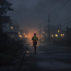 Lone runner on a misty street at night, illuminated by distant streetlights