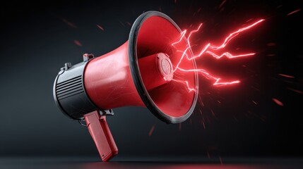 Vibrant photo of red megaphone with lightings isolated. Close up breaking news metaphor, disclosure of information concept. 3d rendering.