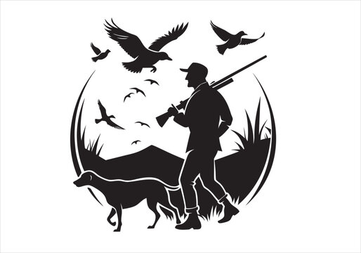 Hunter's silhouette: Depicting a hunter walking with his dog amid mountains and birds, in this illustrated shot, is a scene evoking the thrill of the hunt and the connection between man and nature.