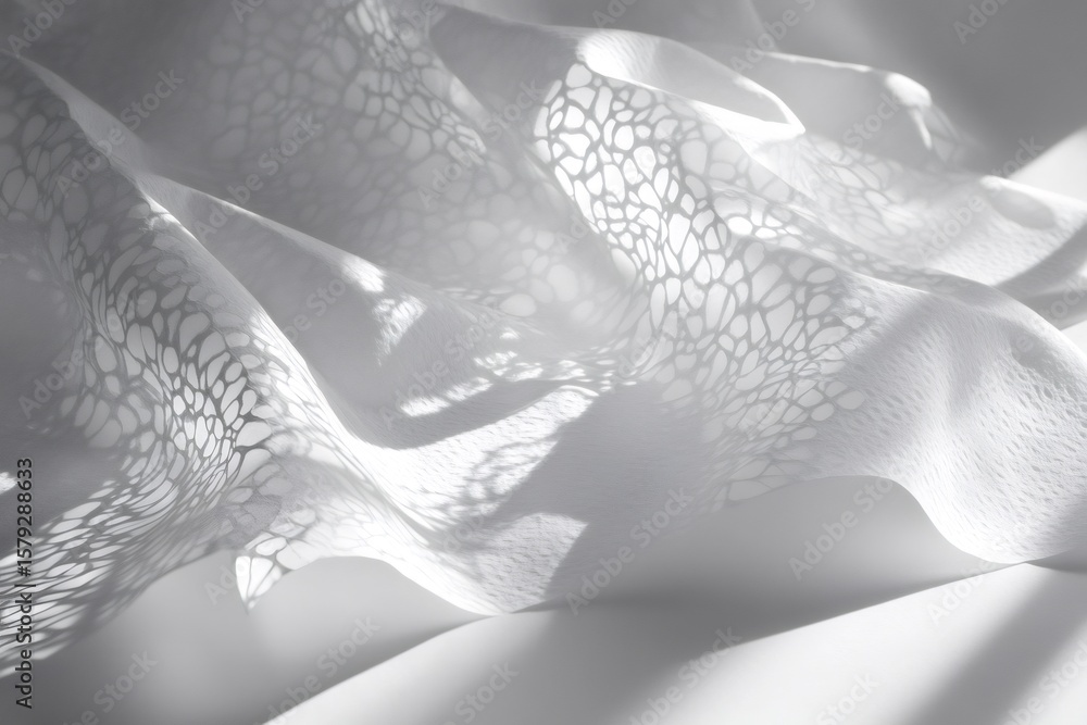 Poster sunlight passing through white translucent fabric creating abstract shadows on a white background, s