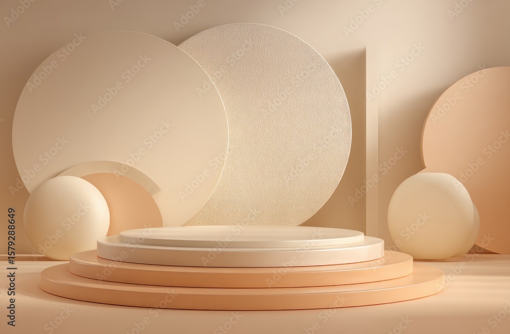 Poster minimalist beige and cream product display featuring layered circular platforms, spheres, and wall s