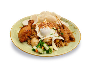Fried rice complete with fried egg, fried chicken, satay and crackers, very delicious and famous in Asia