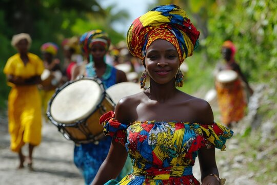 Haitian rara band parading on a rural road, playing drums and dancing in colorful traditional clothing - Powered by Adobe