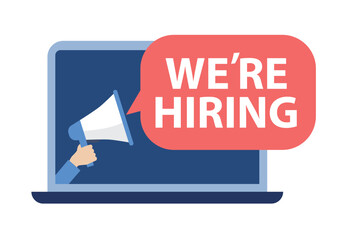 We are hiring. The concept of recruitment in business. Hand with megaphone on social media