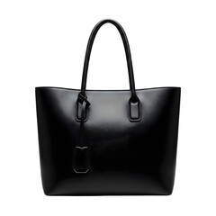 A sleek black leather tote bag with a glossy finish, isolated on a transparent background, showcasing its elegant design and modern style