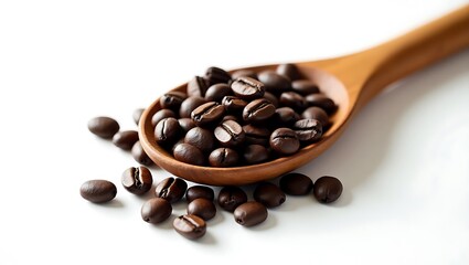 Obraz premium Coffee beans spilling from a wooden spoon on a white surface in a close up studio shot image