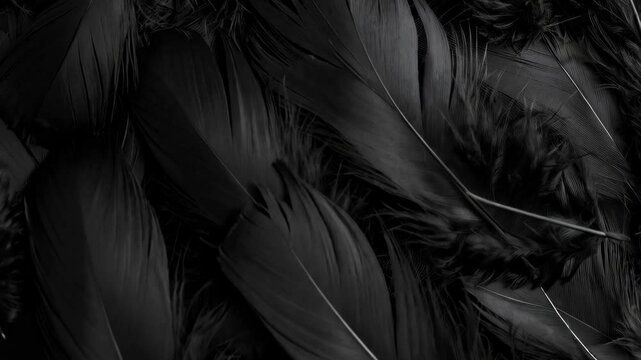 Close-up image of many dark feathers creating a dense, textured, and organic-looking background and pattern suitable for elegant designs.