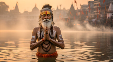 Indian Sadhu Taking Spiritual Dip in Ganga River at Sunrise – Haridwar Ghats, Holy Bath Ritual During Pilgrimage