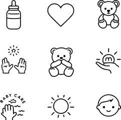 Tender Beginnings Grid  Monochrome Icon Set Featuring Teddy Bears, Baby Bottle, Loving Hands, Smiling Child, Heart, and “BABY CARE” Symbol