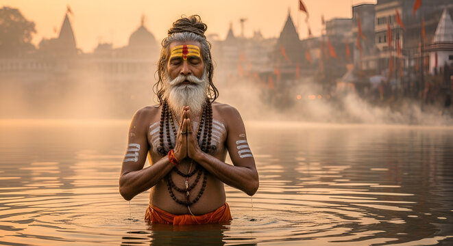 Indian Sadhu Taking Spiritual Dip in Ganga River at Sunrise &ndash; Haridwar Ghats, Holy Bath Ritual During Pilgrimage
