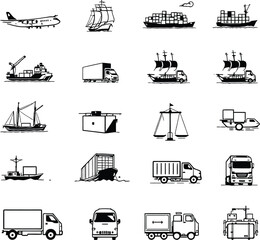 Global Transport Systems  Monochrome Icon Grid Depicting Cargo Ships, Trucks, Containers, Scales, Cranes, and Shipping Logistics Symbols