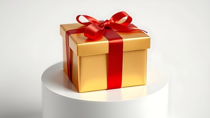 Obraz premium Luxurious gold gift box adorned with a red ribbon, elegantly presented on a pristine white surface.
